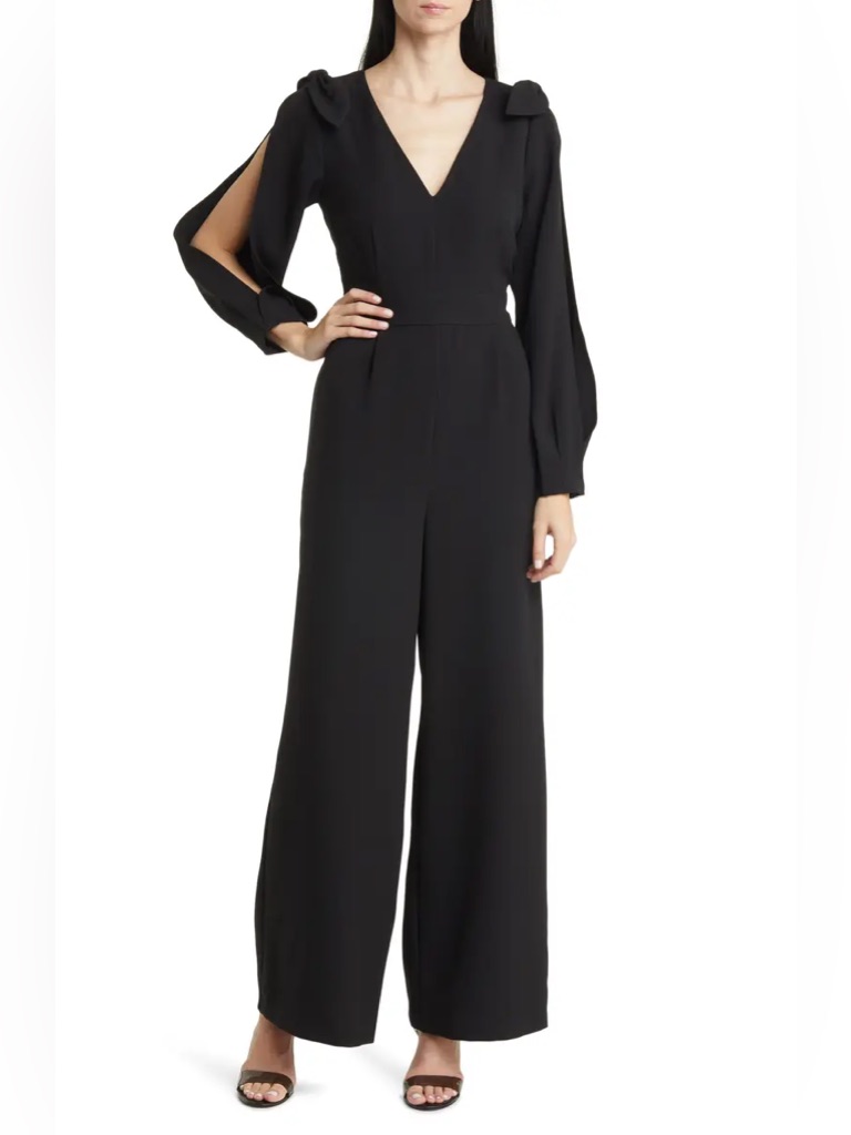 Eliza J Black V-Neck Long-Sleeve Wide-Leg Jumpsuit With Split Sleeves